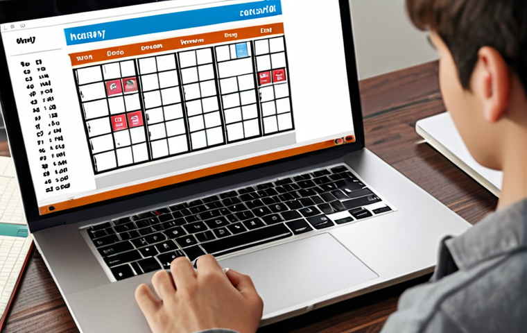 **
A student looking at a well-organized digital calendar on a laptop, with icons representing classes, study time, and social activities. The calendar is visually clean and efficient. Focus on conveying the concept of AI-powered time management and reduced stress. Keywords: Study schedule, AI assistant, Organized, Stress-free.
**